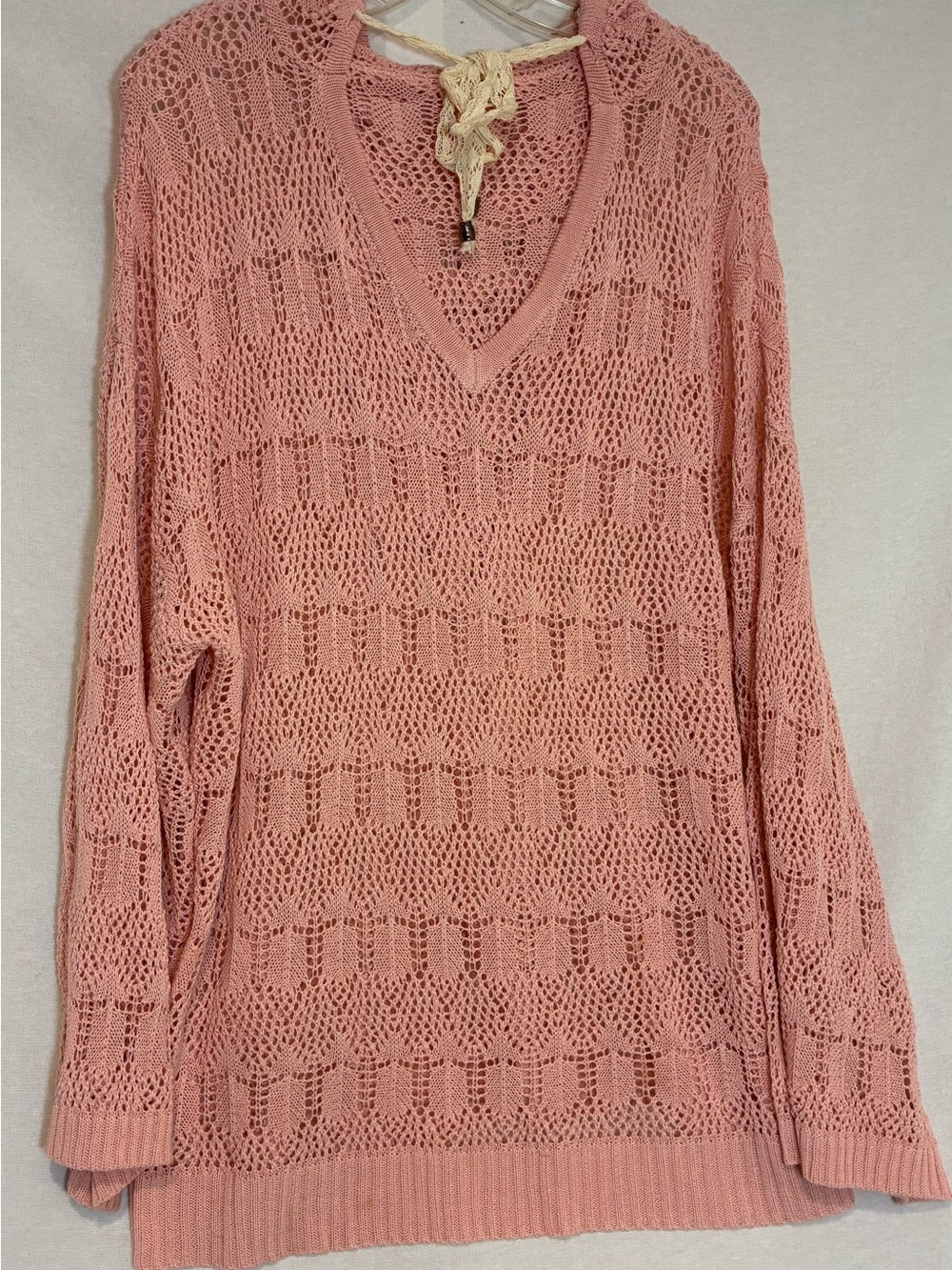 POL Open-knit Long-sleeve v-neck Hooded Tunic Sweater Lace Tie Size Large Boho